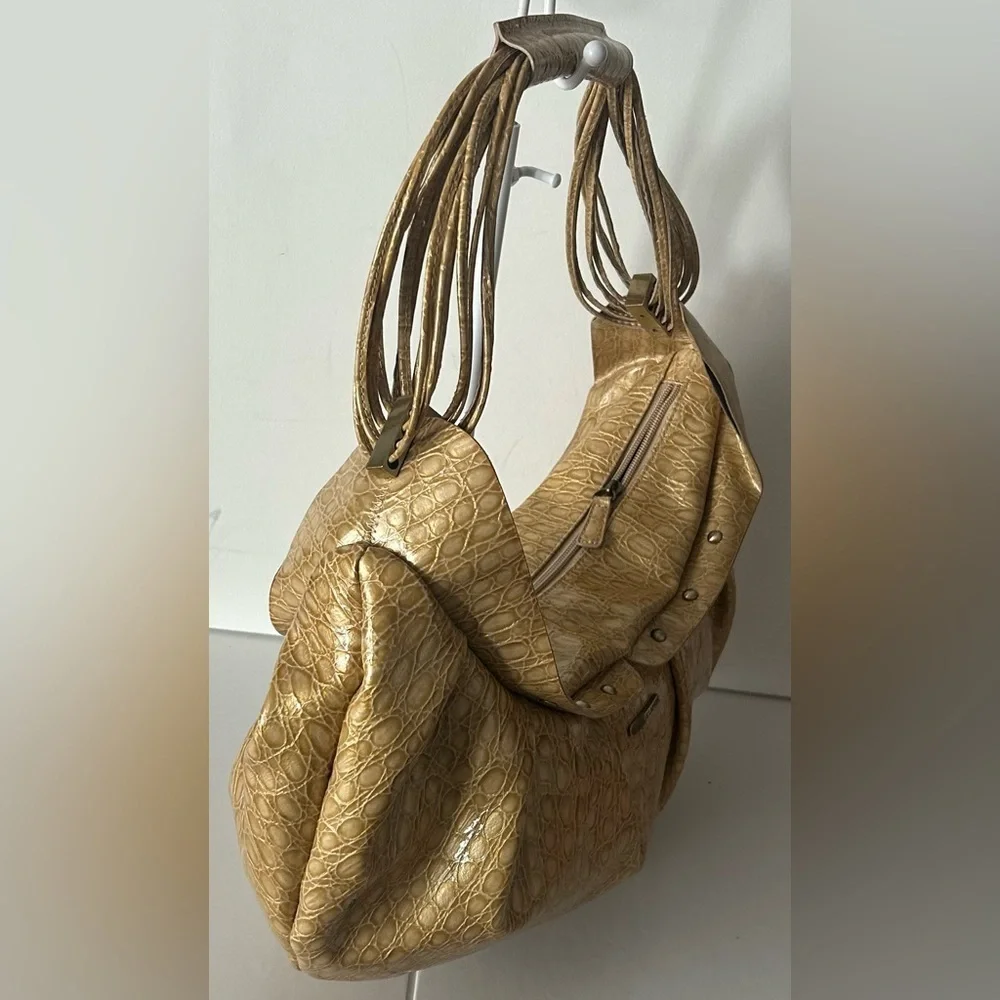 Charlie Lapson Metallic Gold Croc Embossed Hobo Shoulder Bag
